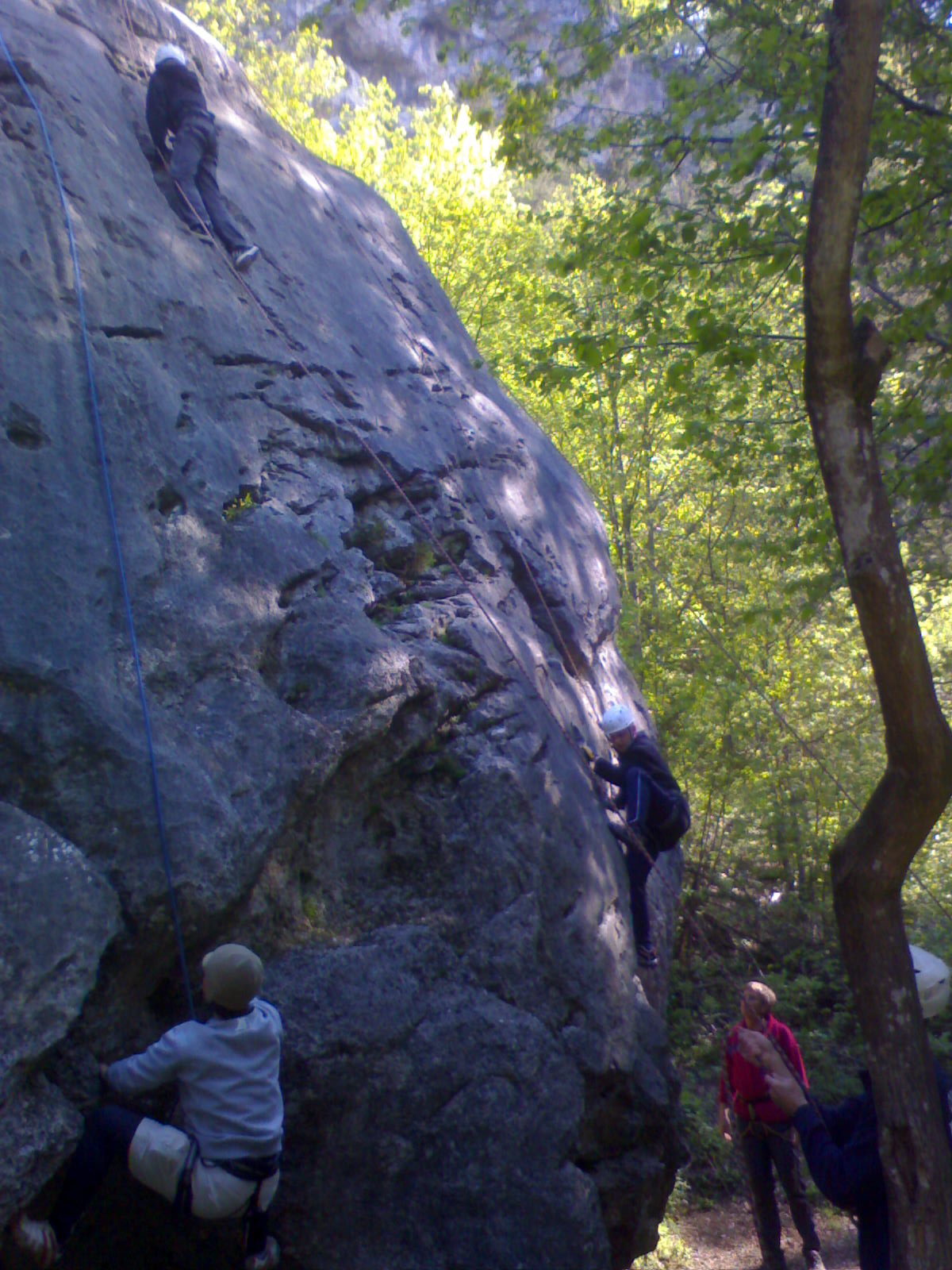 Gemeinsam in der Natur klettern. Eine Gruppe beim Klettern an einem Kletterfelsen